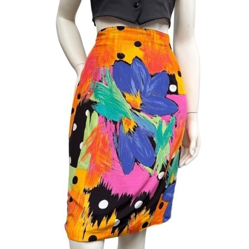 Vintage‎ Simon Chang Pencil Skirt 80's Polka Dot Vibrant Print 100% Viscose Sz 8